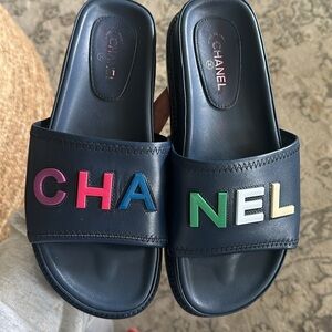 Chanel 2022 Lambskin Cha-Nel Mules Sandals Black Multicolor Size 37